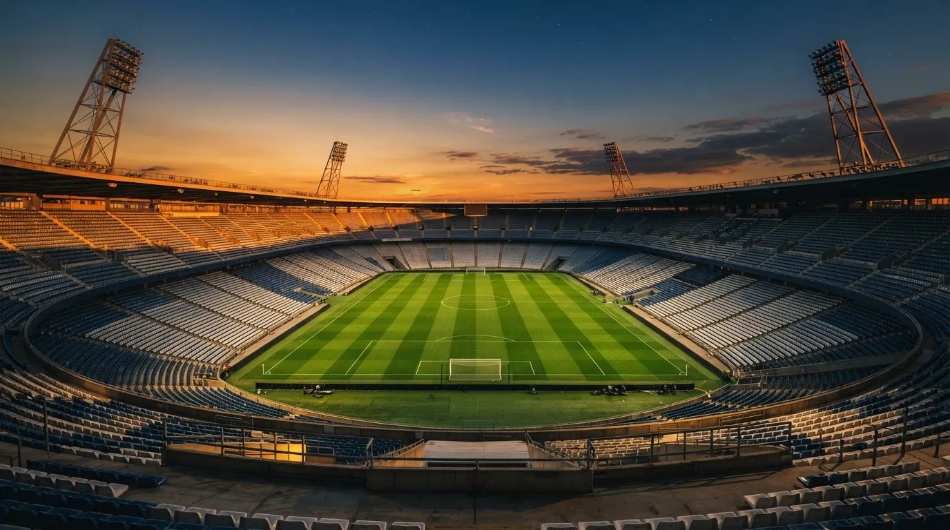 Un estadio de fútbol vacío con torres de iluminación al atardecer