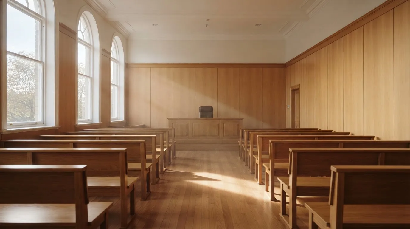 Una sala de tribunal vacía con bancos de madera a la luz de la mañana