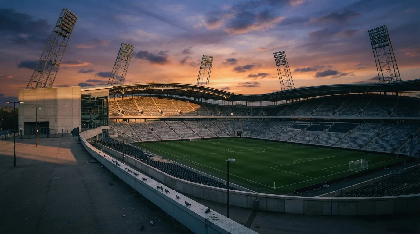 Un estadio de fútbol vacío con torres de iluminación al atardecer