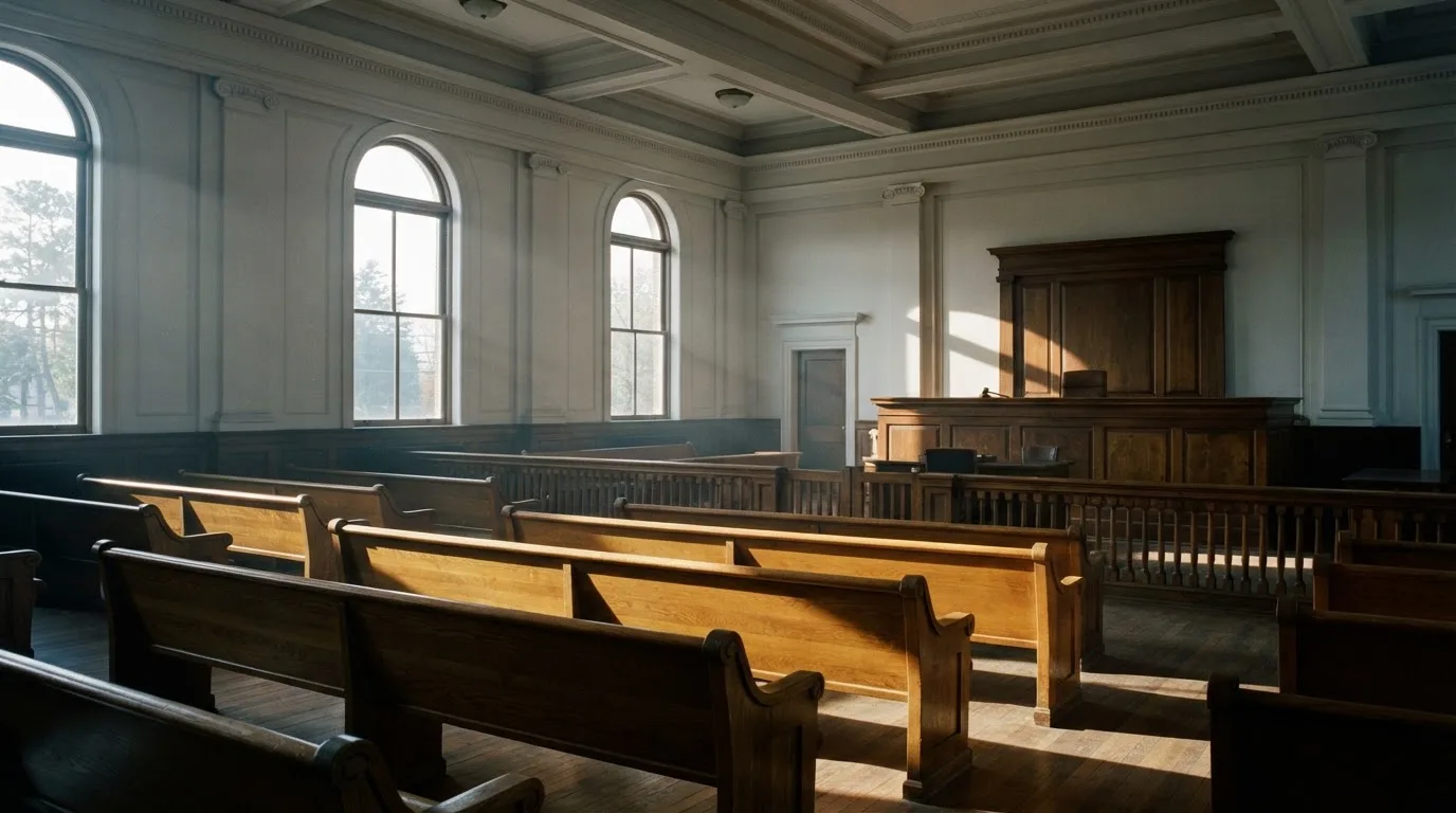 Una sala de tribunal vacía con bancos de madera a la luz de la mañana