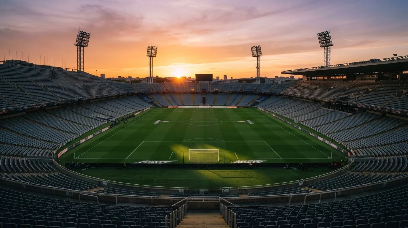 Un estadio de fútbol vacío con torres de iluminación al atardecer