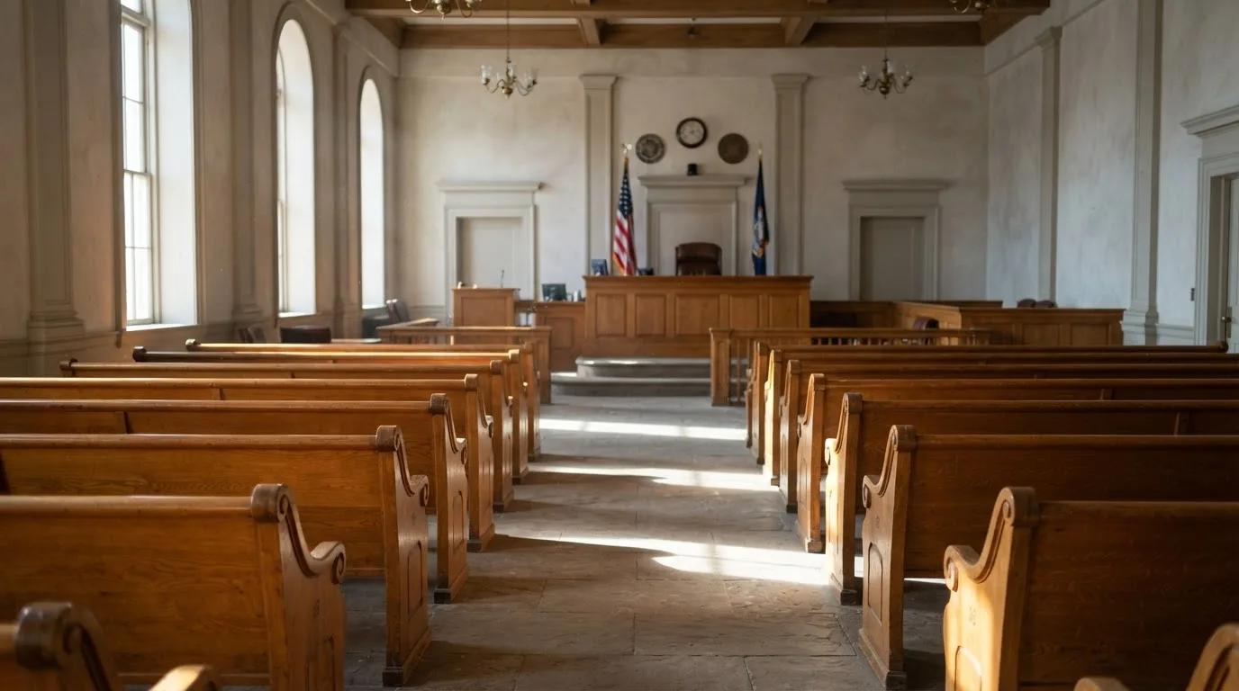 Una sala de tribunal vacía con bancos de madera a la luz de la mañana