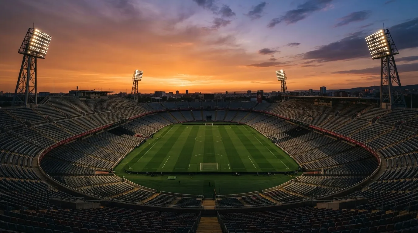 Un estadio de fútbol vacío con torres de iluminación al atardecer