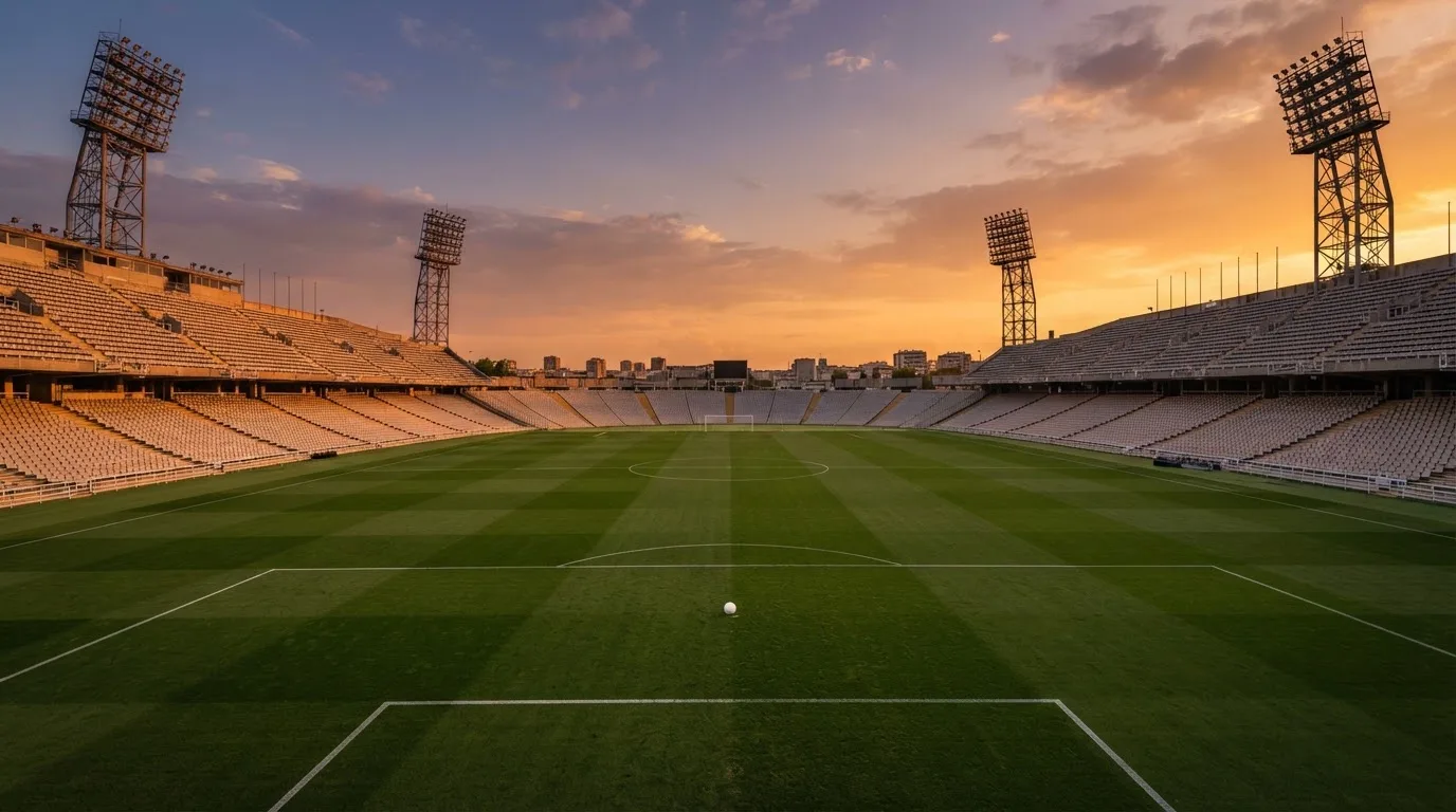 Un estadio de fútbol vacío con torres de iluminación al atardecer