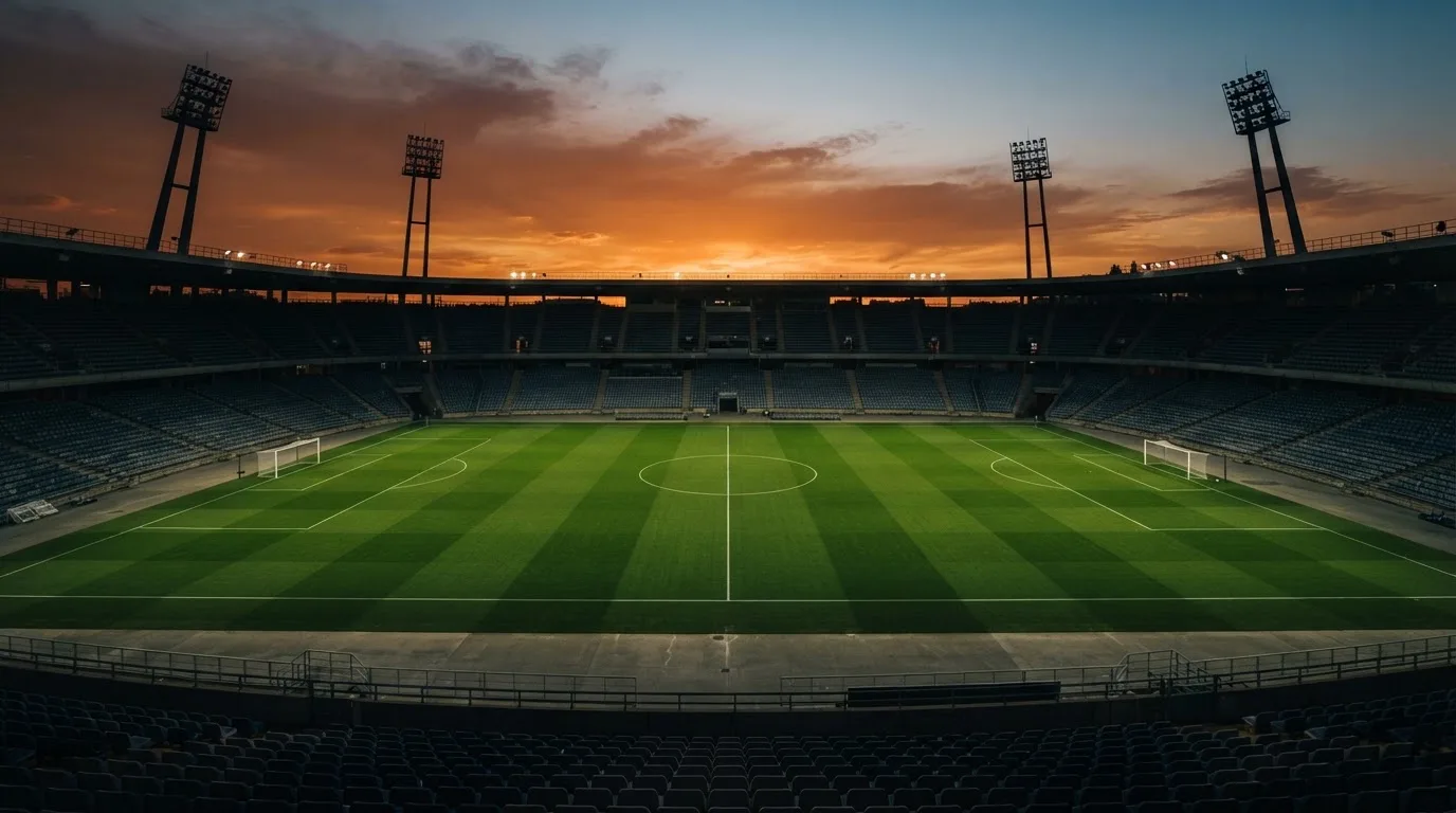 Un estadio de fútbol vacío con torres de iluminación al atardecer