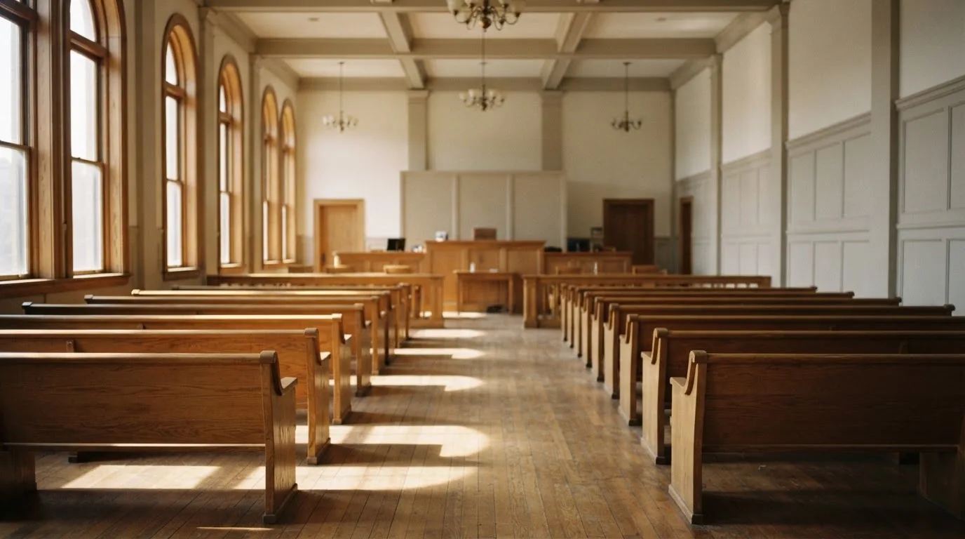 Una sala de tribunal vacía con bancos de madera a la luz de la mañana