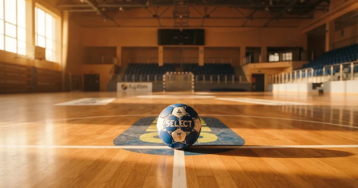 Un balón en el punto central de un campo de césped a la luz de la mañana