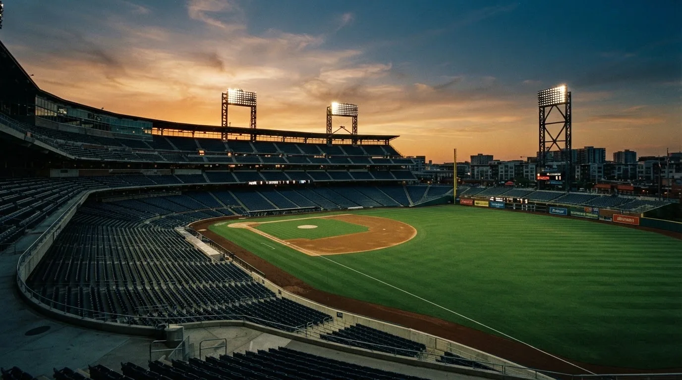 Un estadio de fútbol vacío con torres de iluminación al atardecer