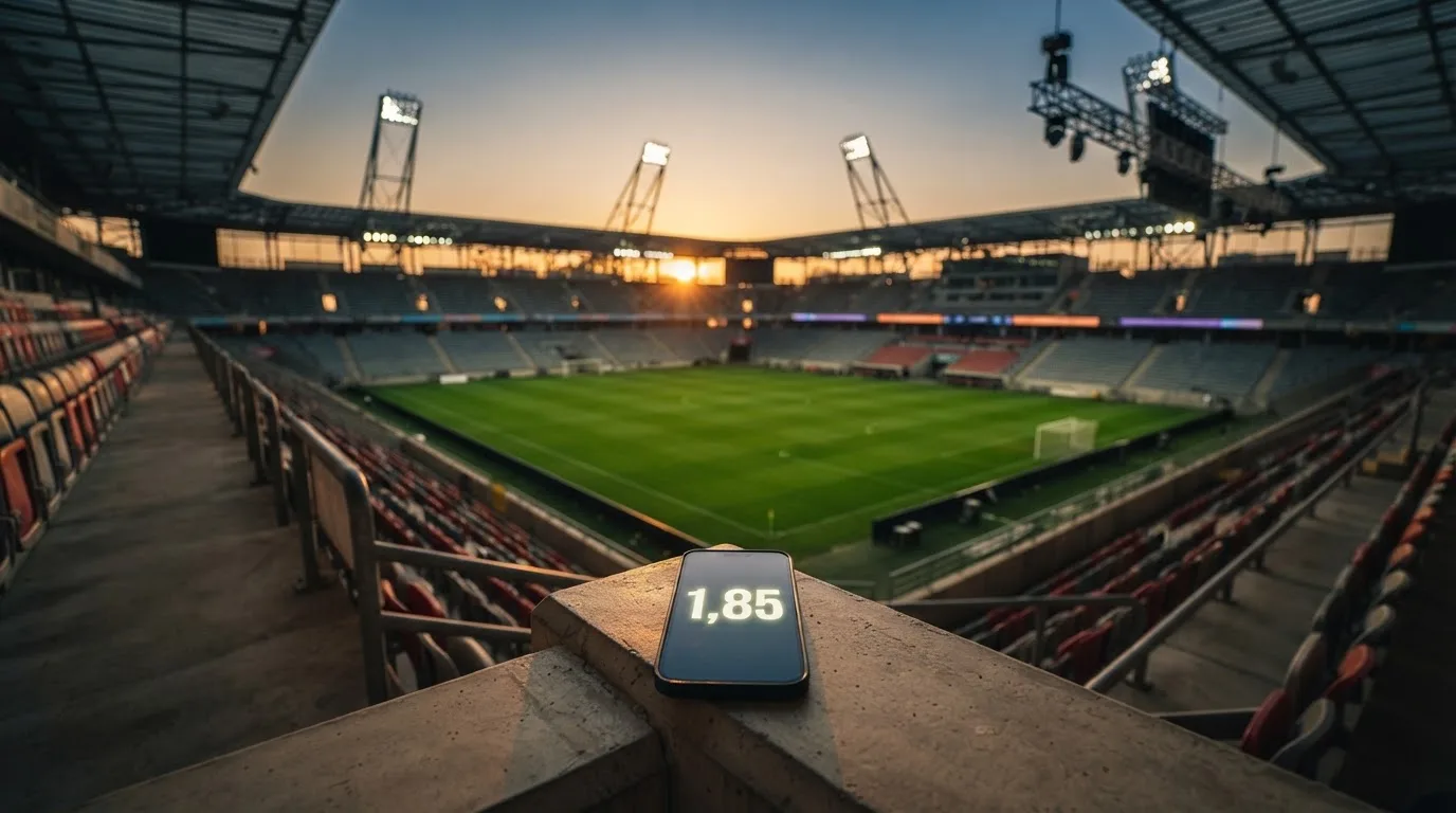 Un estadio de fútbol vacío con torres de iluminación al atardecer