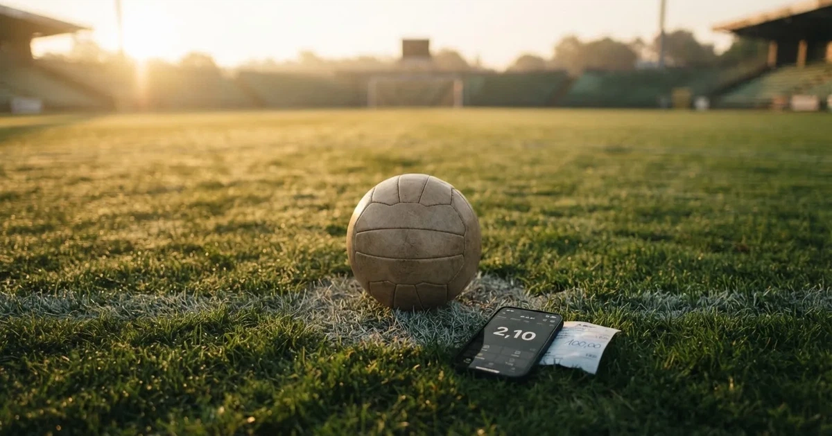 Un balón en el punto central de un campo de césped a la luz de la mañana