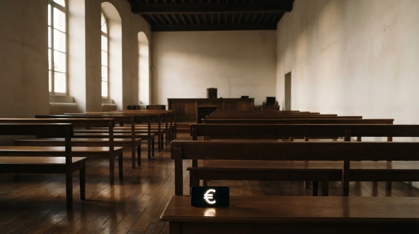 Una sala de tribunal vacía con bancos de madera a la luz de la mañana