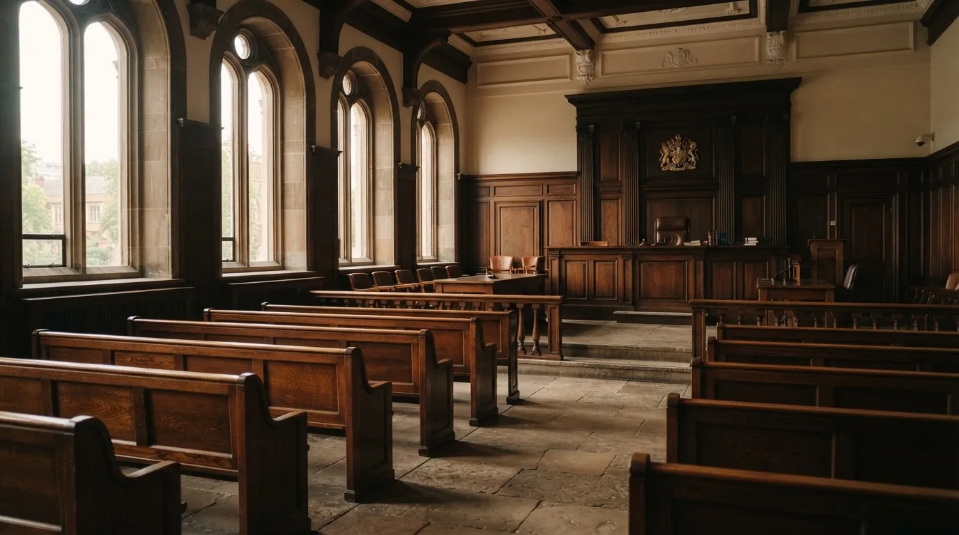 Una sala de tribunal vacía con bancos de madera a la luz de la mañana