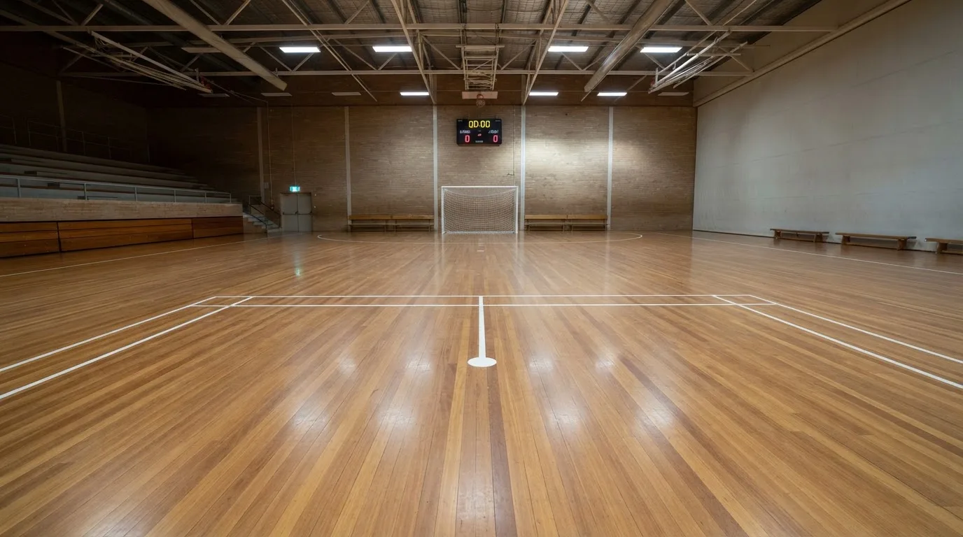 Una sala de tribunal vacía con bancos de madera a la luz de la mañana