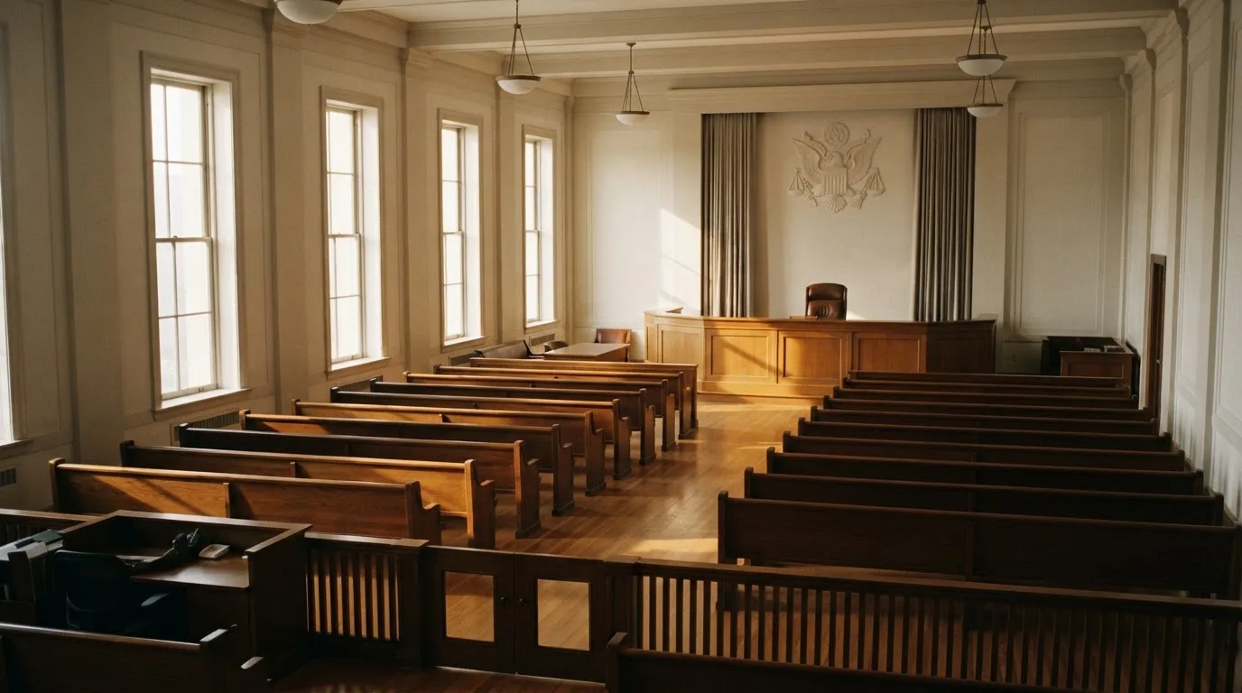 Una sala de tribunal vacía con bancos de madera a la luz de la mañana