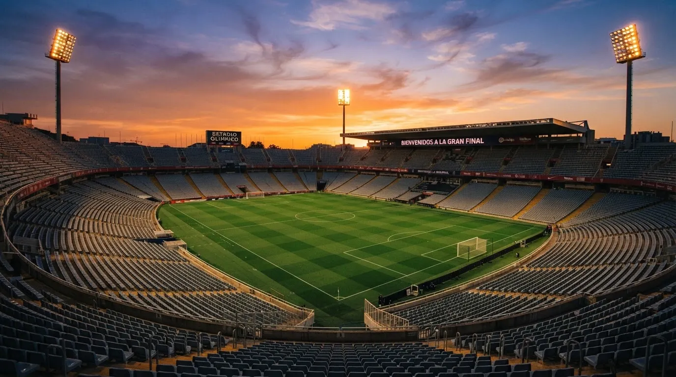 Un estadio de fútbol vacío con torres de iluminación al atardecer