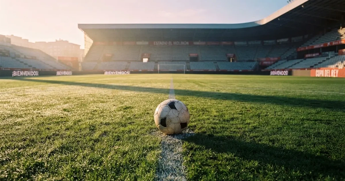 Un balón en el punto central de un campo de césped a la luz de la mañana