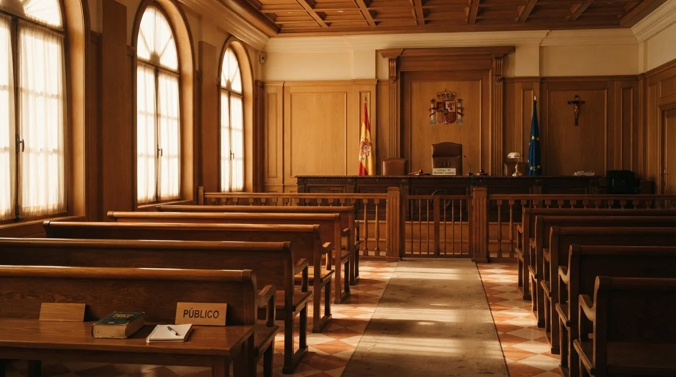 Una sala de tribunal vacía con bancos de madera a la luz de la mañana