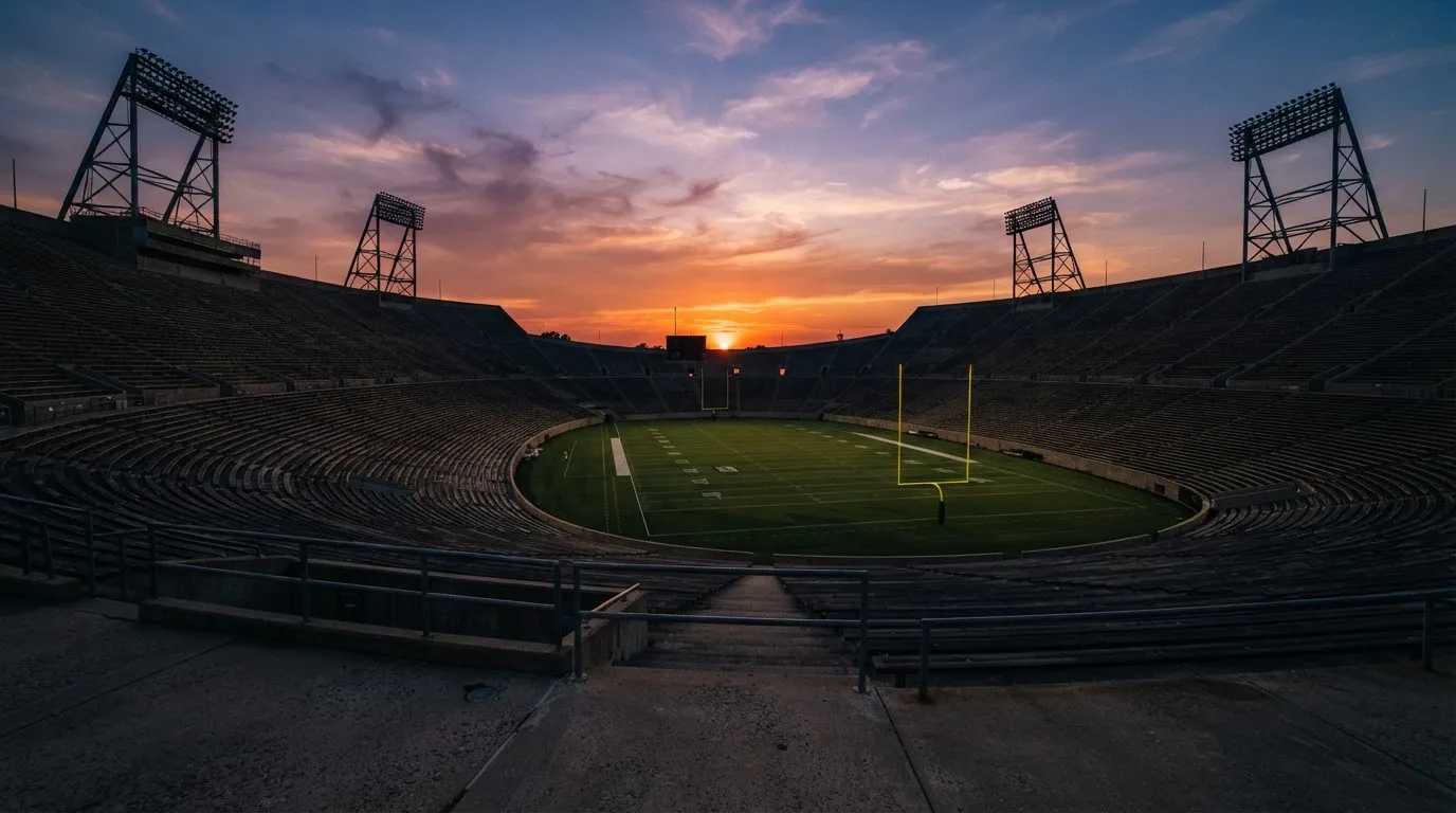 Un estadio de fútbol vacío con torres de iluminación al atardecer