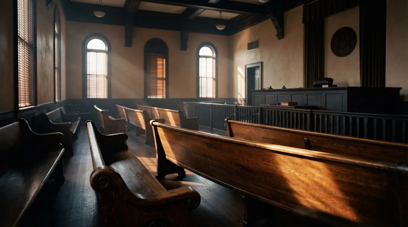 Una sala de tribunal vacía con bancos de madera a la luz de la mañana