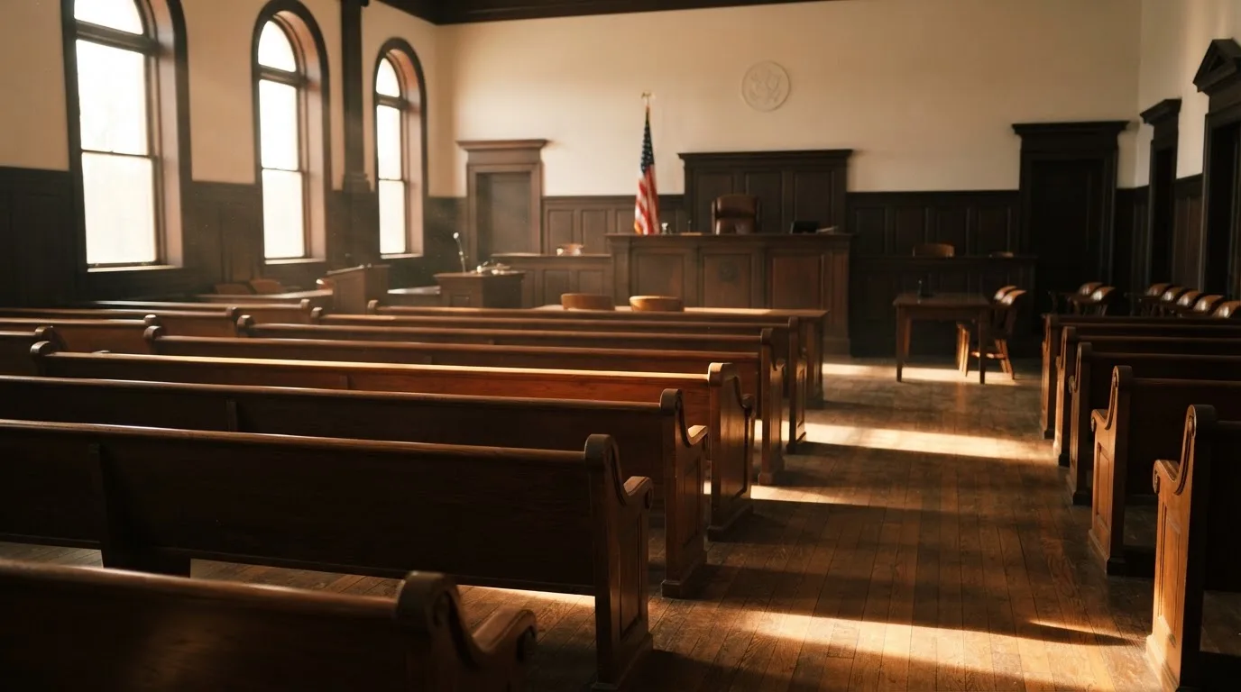 Una sala de tribunal vacía con bancos de madera a la luz de la mañana