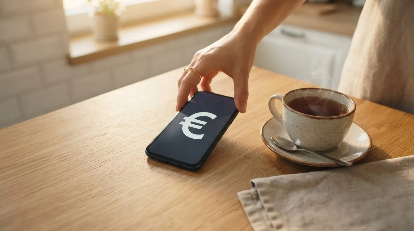Una mano deja un móvil junto a una taza de té sobre la mesa de la cocina, una tarde tranquila