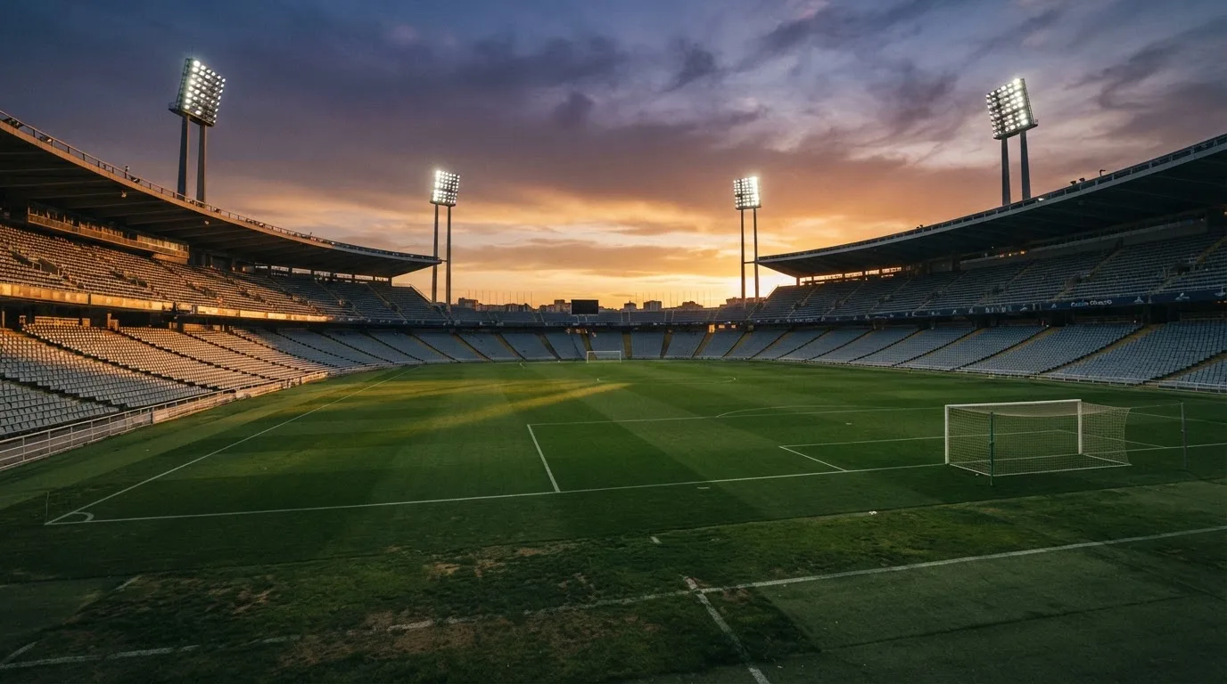 Un estadio de fútbol vacío con torres de iluminación al atardecer