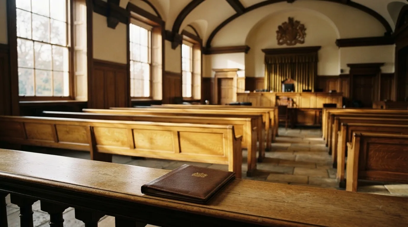 Una sala de tribunal vacía con bancos de madera a la luz de la mañana