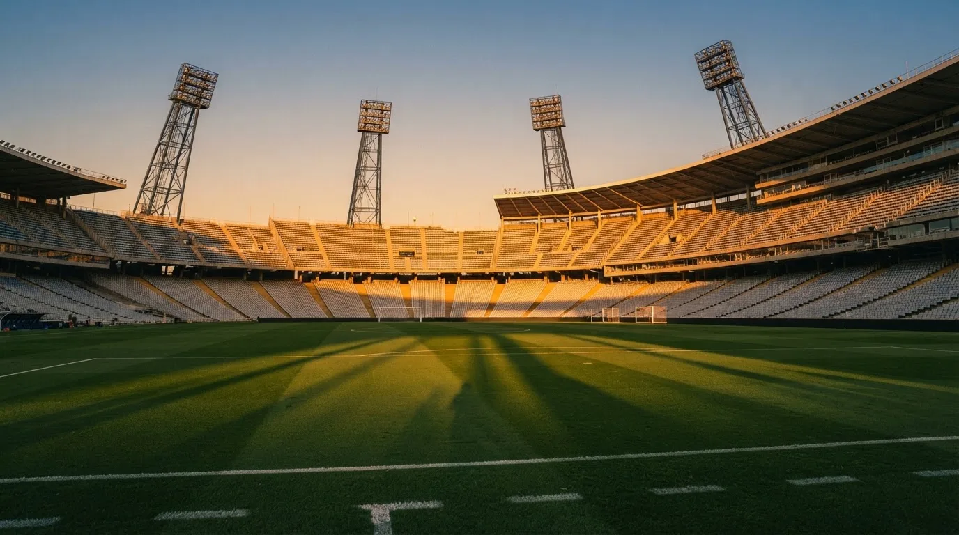Un estadio de fútbol vacío con torres de iluminación al atardecer