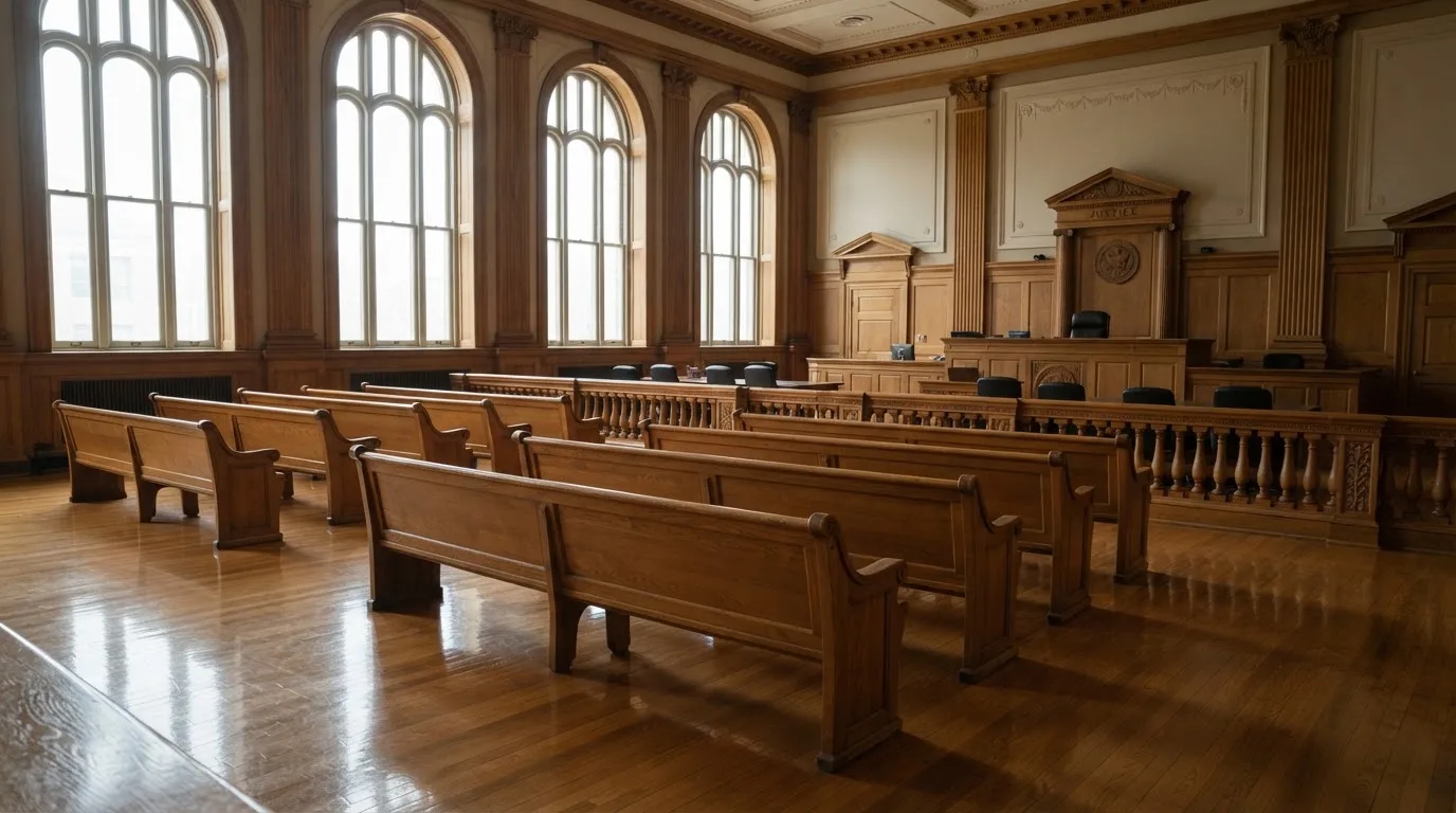 Una sala de tribunal vacía con bancos de madera a la luz de la mañana