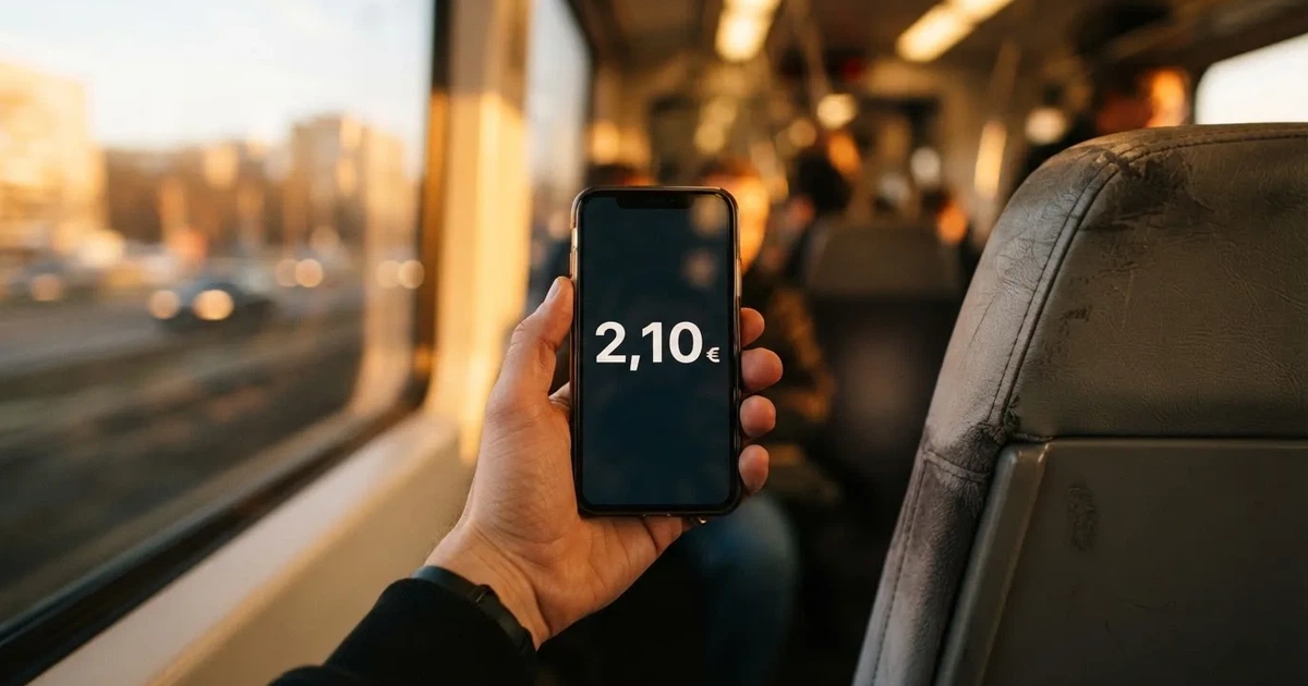 Una mano sostiene un móvil en el tren por la tarde, con la pantalla girada