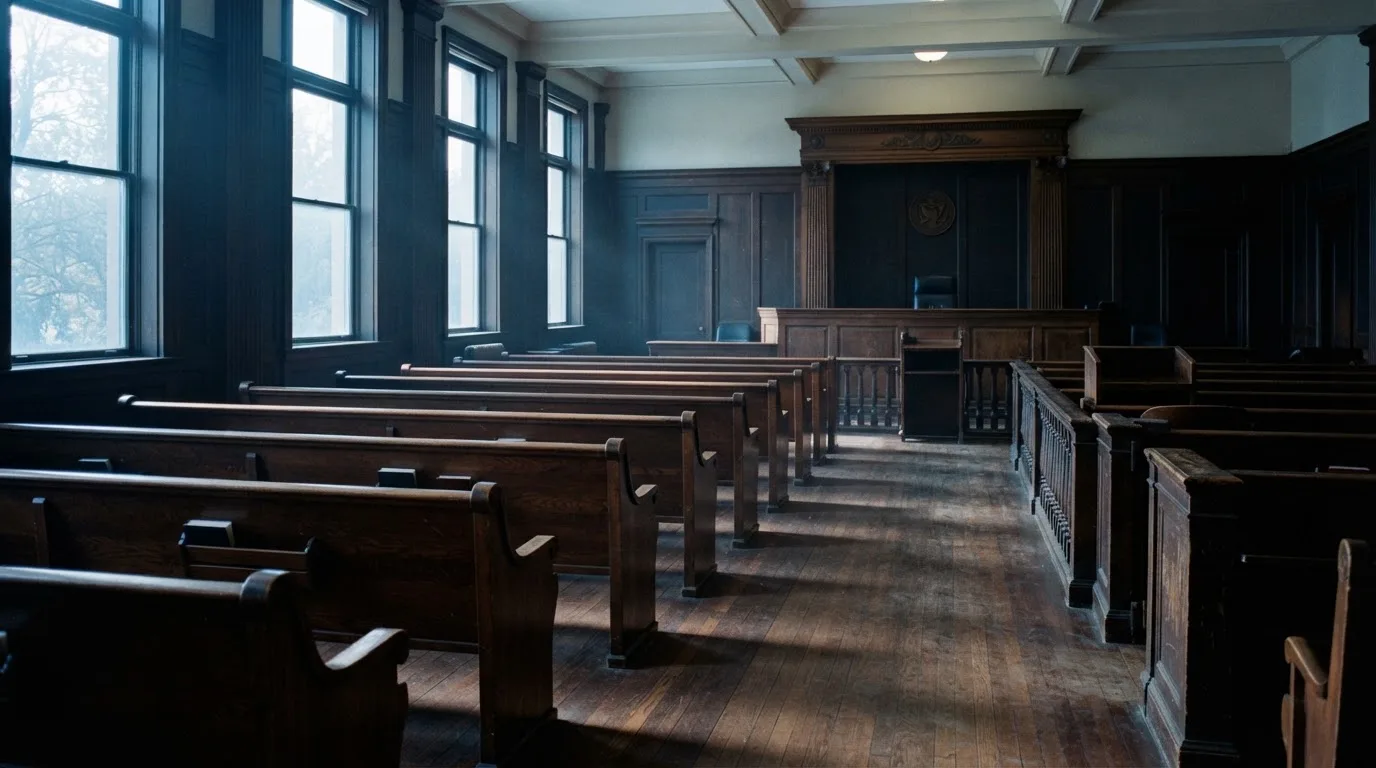 Una sala de tribunal vacía con bancos de madera a la luz de la mañana