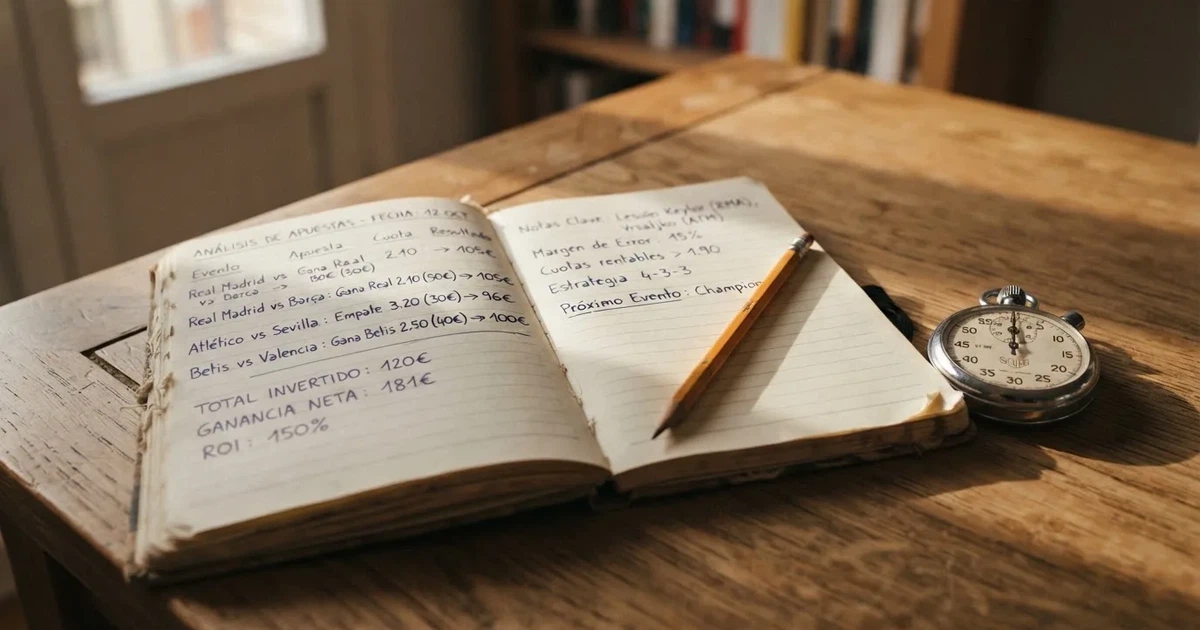 Un cuaderno abierto con un lápiz y un cronómetro sobre una mesa de madera
