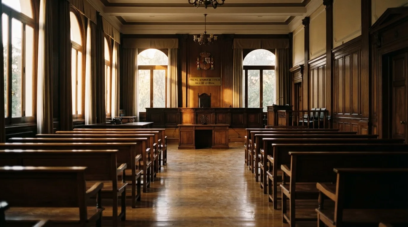Una sala de tribunal vacía con bancos de madera a la luz de la mañana
