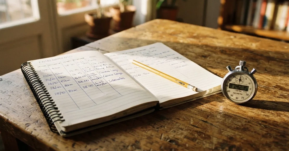 Un cuaderno abierto con un lápiz y un cronómetro sobre una mesa de madera