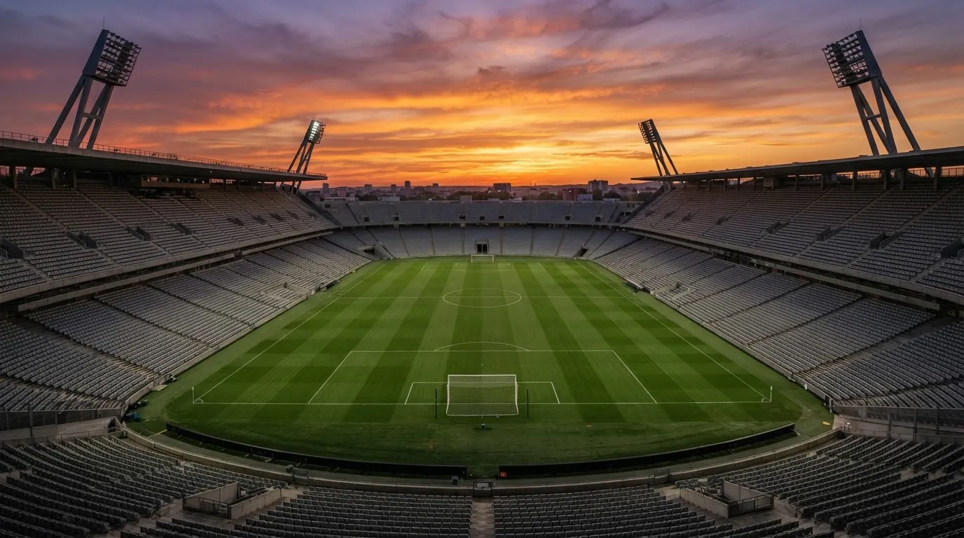 Un estadio de fútbol vacío con torres de iluminación al atardecer