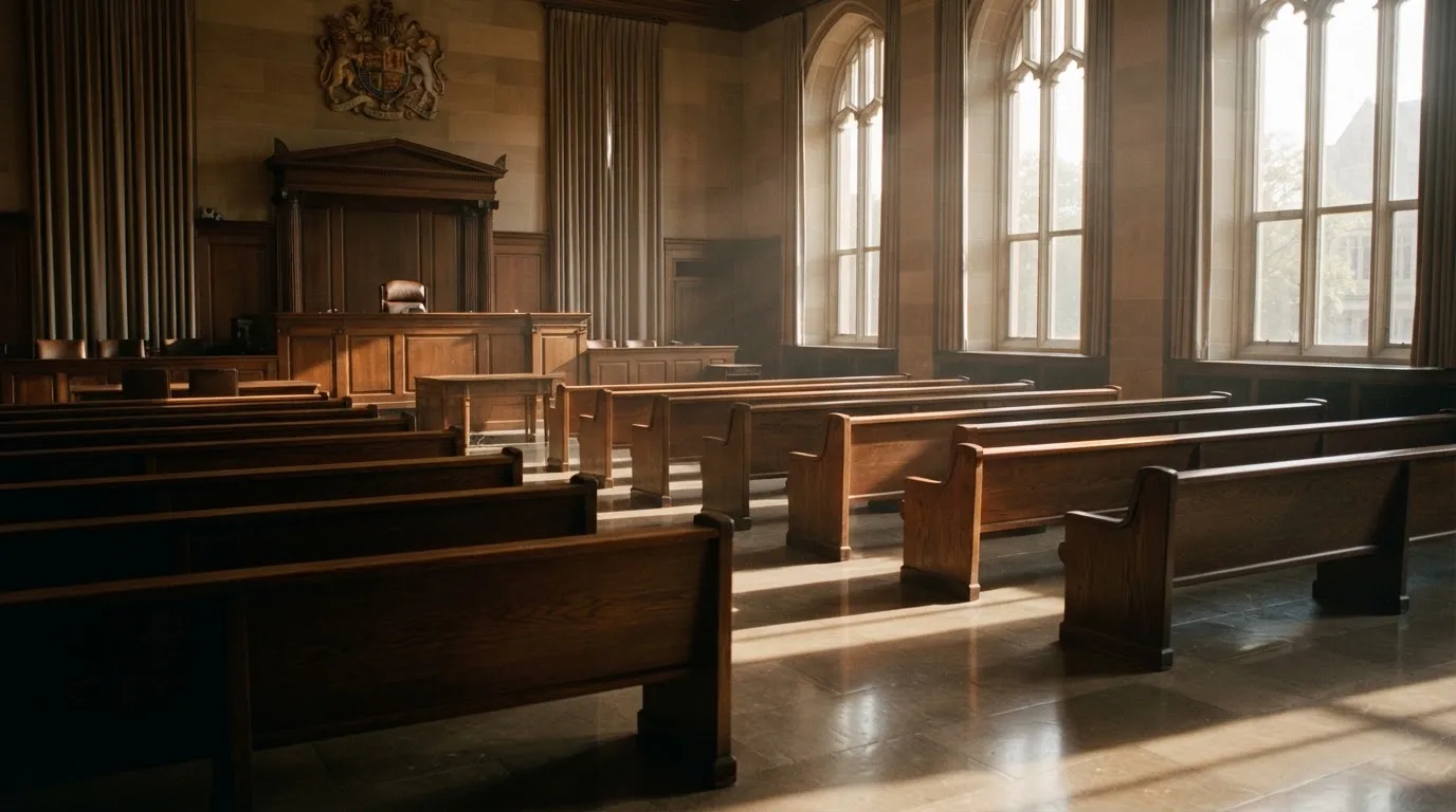 Una sala de tribunal vacía con bancos de madera a la luz de la mañana