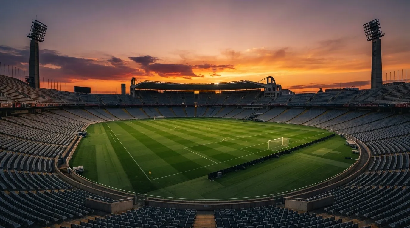 Un estadio de fútbol vacío con torres de iluminación al atardecer