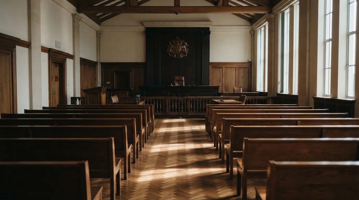 Una sala de tribunal vacía con bancos de madera a la luz de la mañana