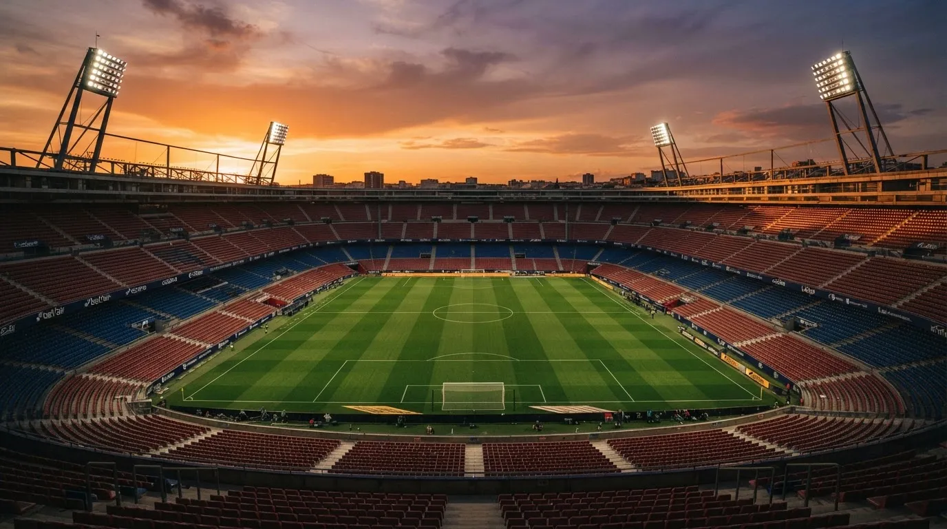 Un estadio de fútbol vacío con torres de iluminación al atardecer
