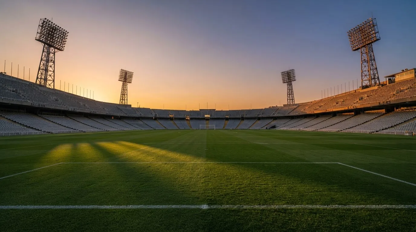 Un estadio de fútbol vacío con torres de iluminación al atardecer