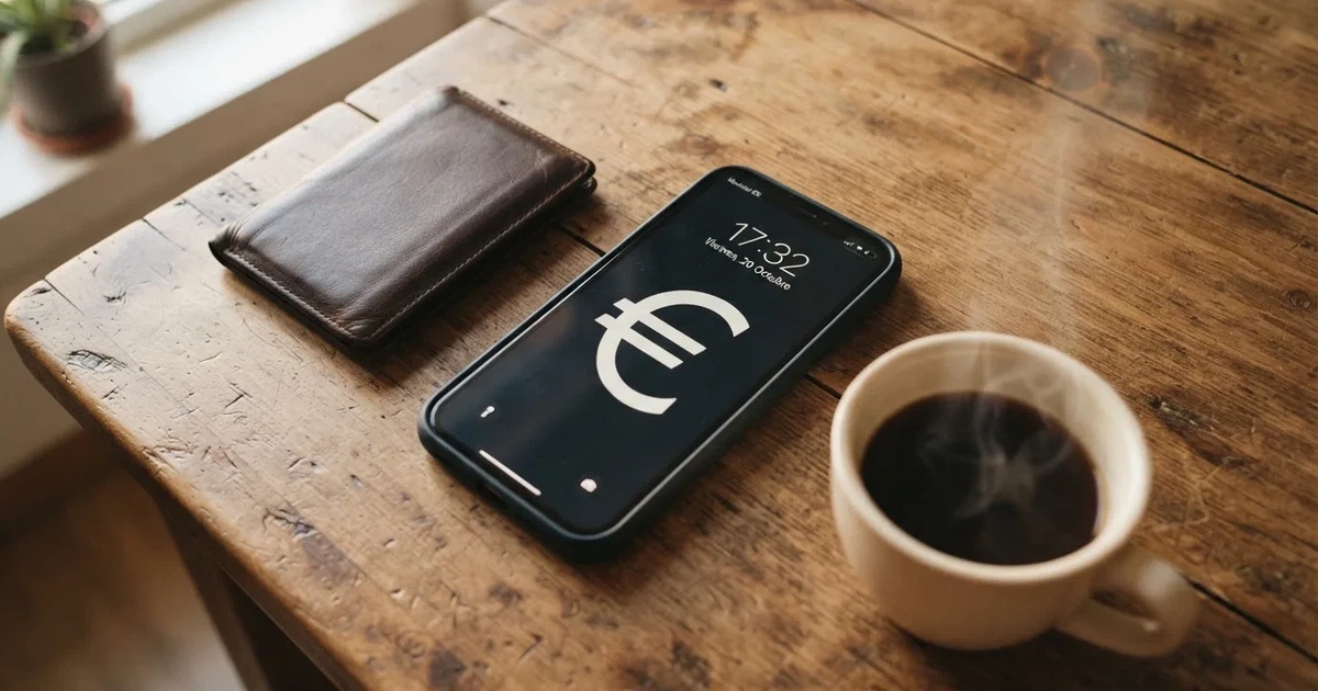 Un móvil sobre una mesa de madera junto a una cartera y una taza de café