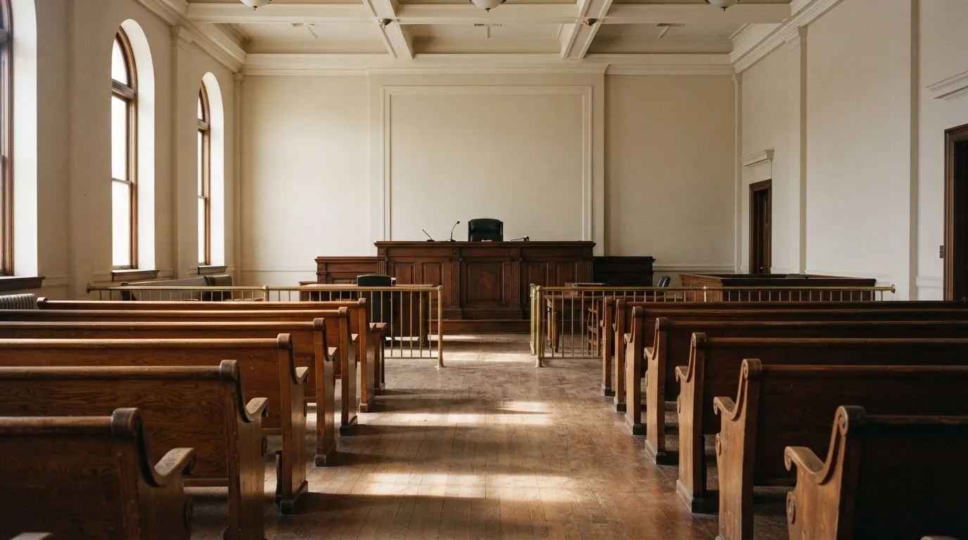 Una sala de tribunal vacía con bancos de madera a la luz de la mañana