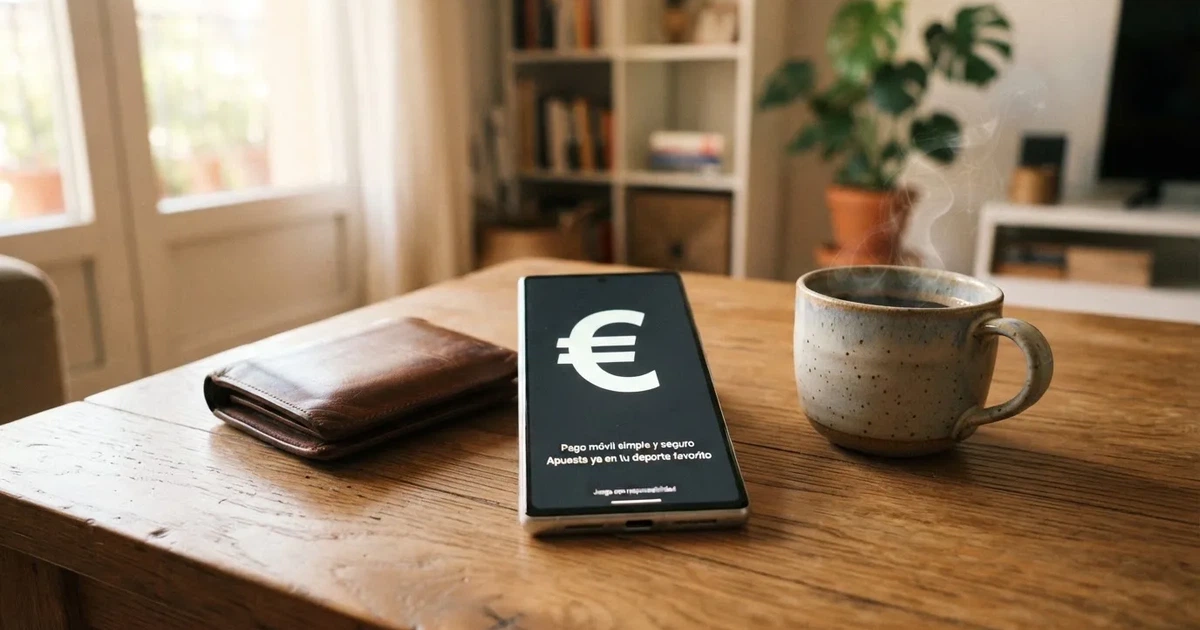 Un móvil sobre una mesa de madera junto a una cartera y una taza de café