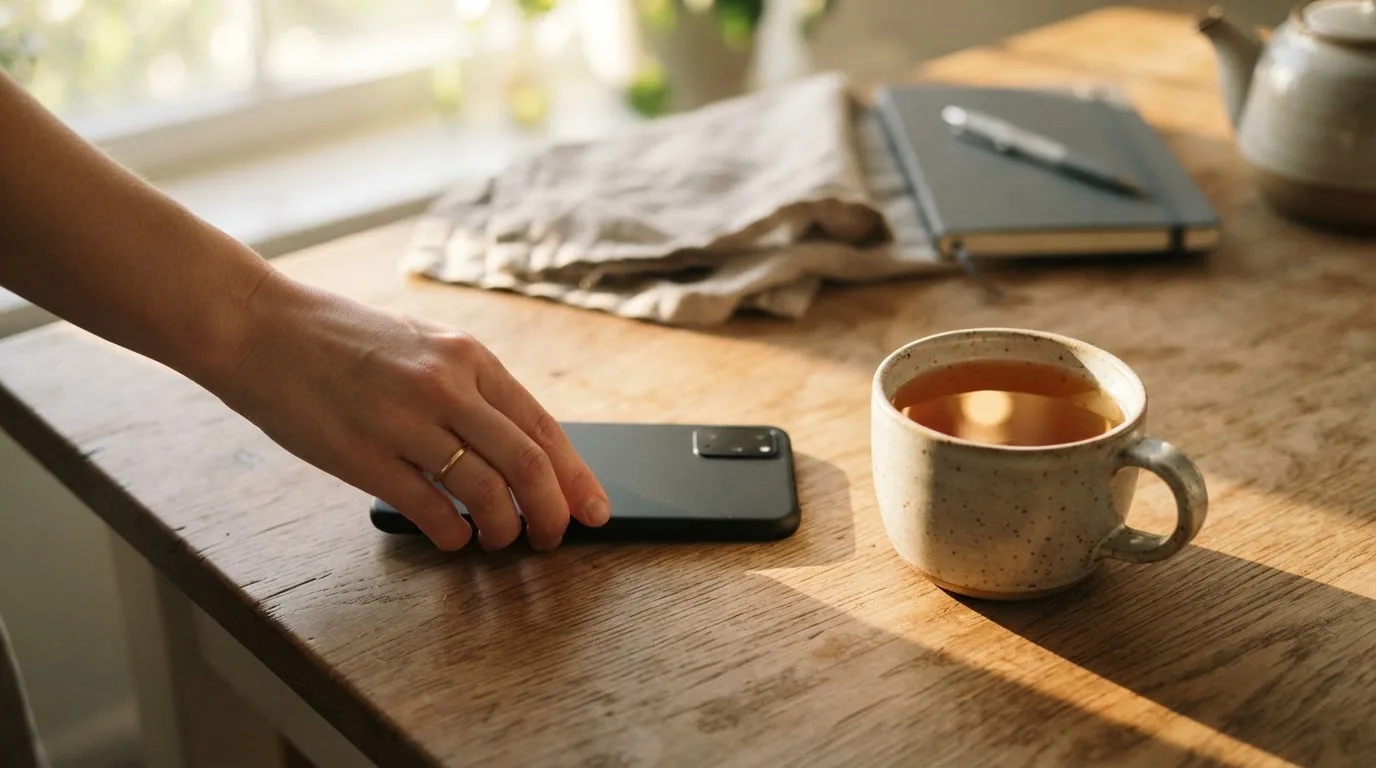 Una mano deja un móvil junto a una taza de té sobre la mesa de la cocina, una tarde tranquila