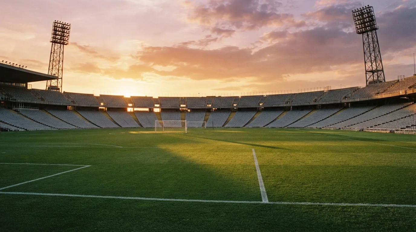 Un estadio de fútbol vacío con torres de iluminación al atardecer