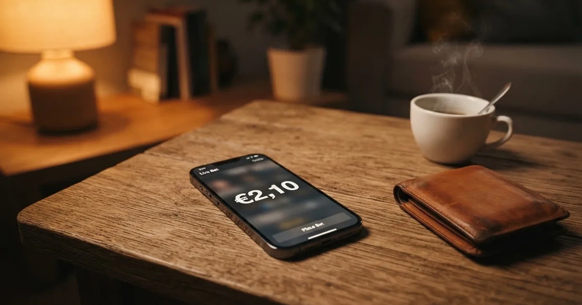 Un móvil sobre una mesa de madera junto a una cartera y una taza de café