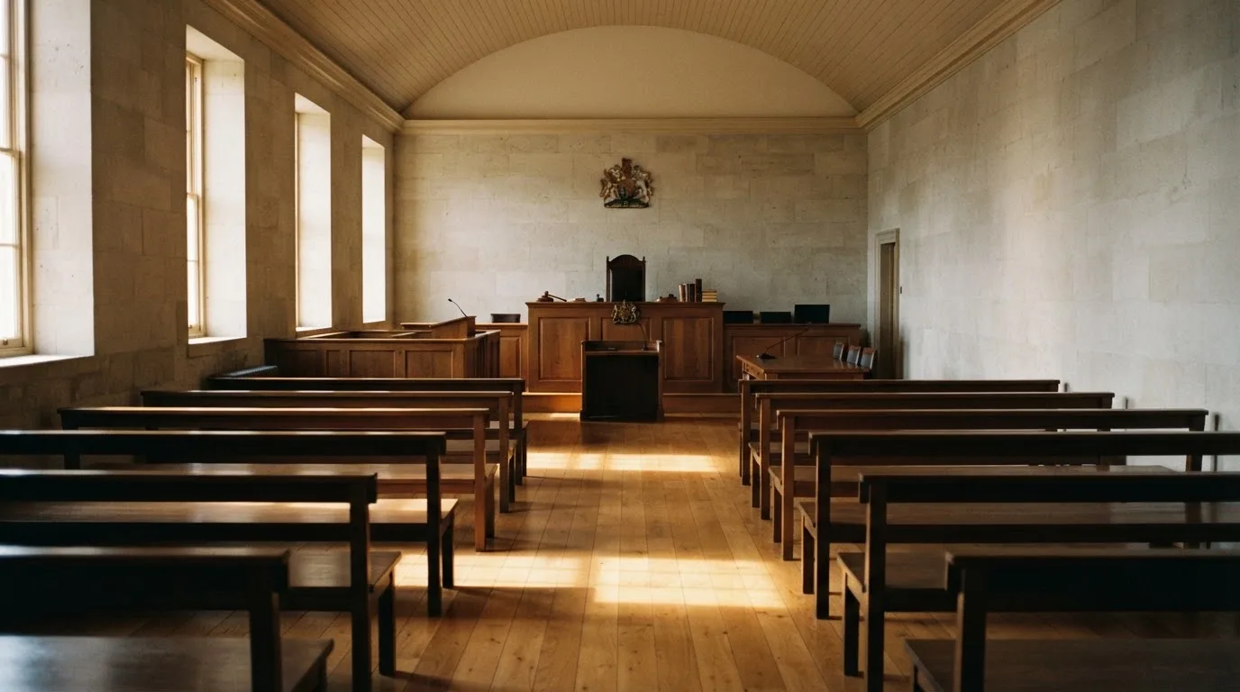 Una sala de tribunal vacía con bancos de madera a la luz de la mañana