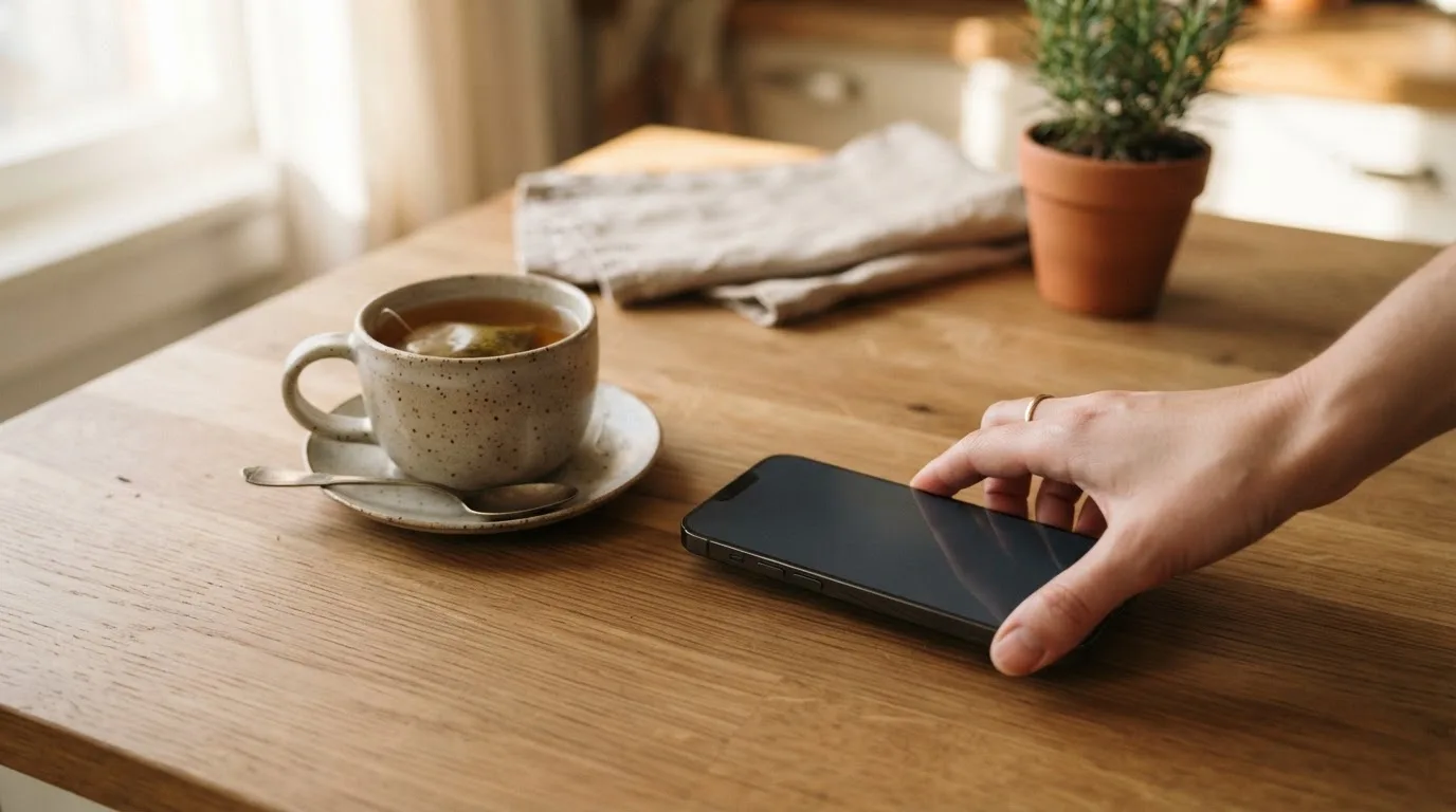 Una mano deja un móvil junto a una taza de té sobre la mesa de la cocina, una tarde tranquila