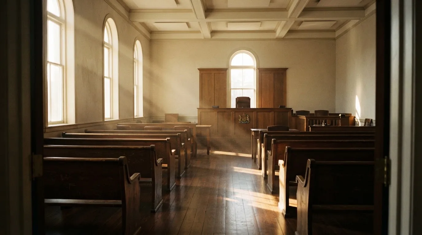 Una sala de tribunal vacía con bancos de madera a la luz de la mañana