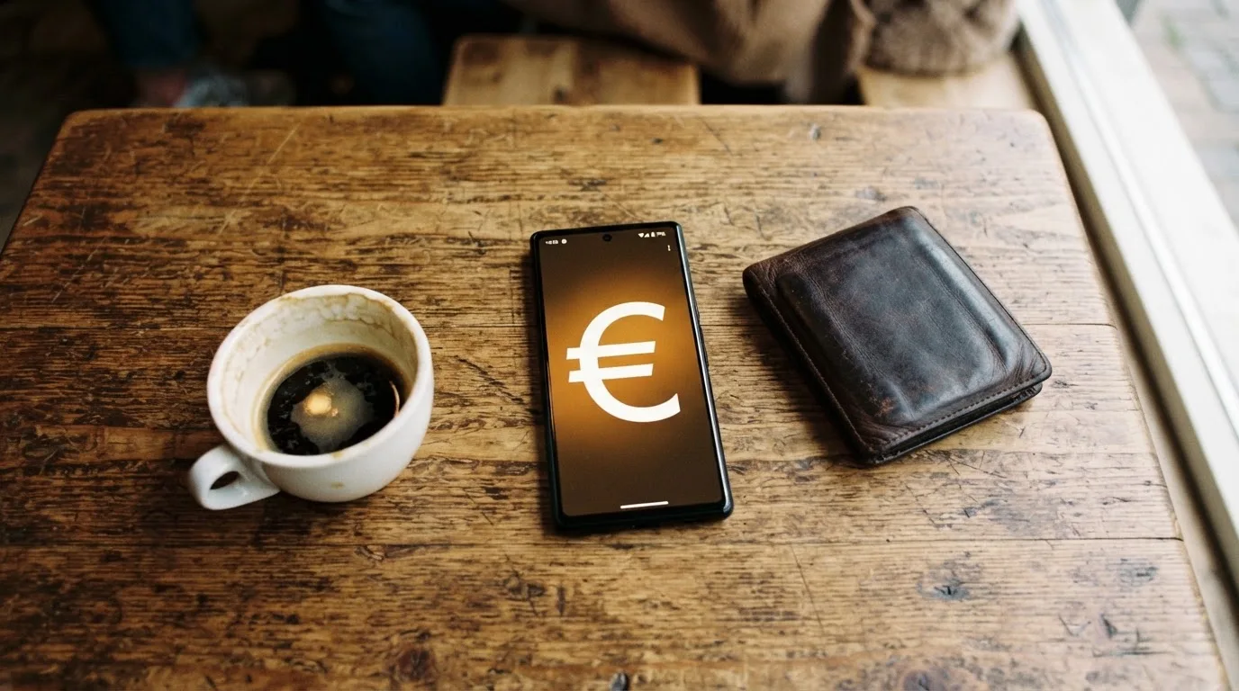 Un móvil sobre una mesa de madera junto a una cartera y una taza de café